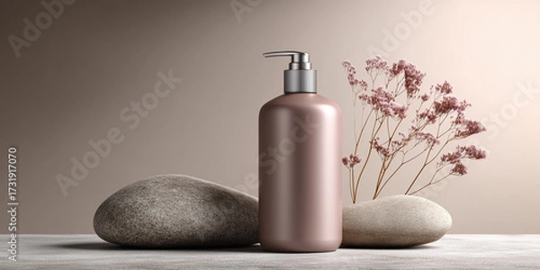 Fototapeta Shampoo bottle in dusty rose tone matte finish positioned beside smooth stones and delicate flowers, creating an elegant and modern aesthetic with copy space mockup