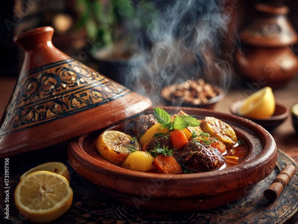 Fototapeta Tagine food served in a traditional clay pot with vibrant vegetables and herbs, featuring copy space for culinary design or text overlay