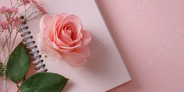 Fototapeta Pink tea rose placed on a spiral notebook with green leaves, creating a soft and inviting flat lay on a pastel surface with copy space
