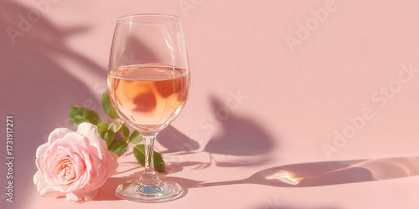 Fototapeta Elegant wine glass filled with rose wine beside a delicate tea rose on a soft pastel background, creating a minimalistic and inviting atmosphere with copy space