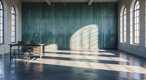 Fototapeta Sunlit Workspace Modern Interior Design with Desk and Green Wall in Minimalist Style