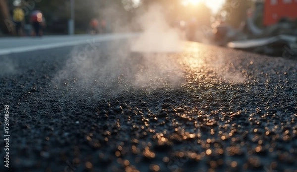 Fototapeta Close-up of fresh hot asphalt with rising steam, textured surface with stone chips, warm sunset light, blurred background with road construction machinery
