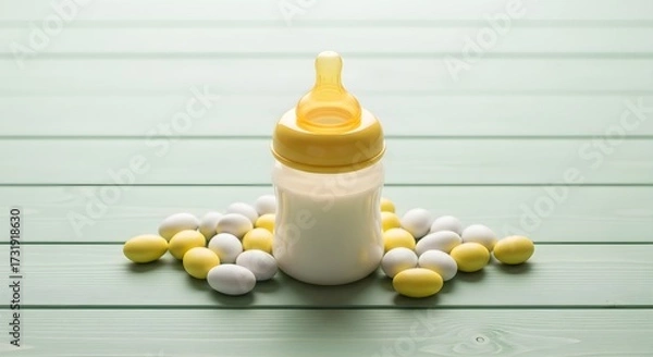 Fototapeta Baby Bottle Surrounded by Candy Eggs on Green Wooden Surface Close-up Still Life