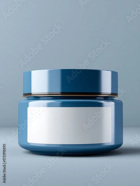Fototapeta Marina blue cosmetic jar with blank white label, perfect for branding and product display mock up