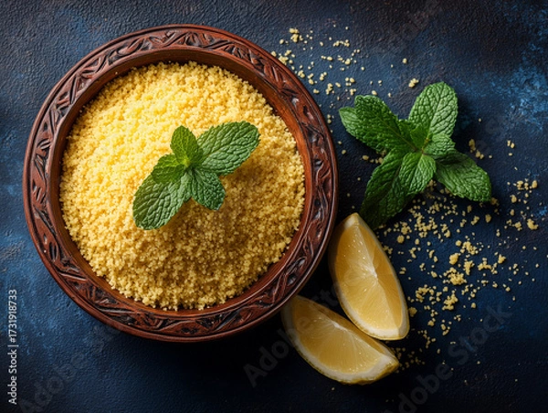 Fototapeta Couscous dish with fresh mint leaves and lemon wedges on a dark textured background with copy space