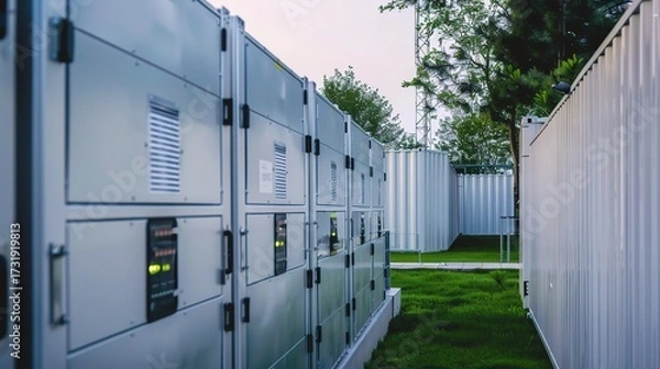 Fototapeta Storage battery with a robust plastic or metallic case, positive and negative terminals, and labeled capacity indicators, used for backup power in homes, factories, or electronic devices, placed on a 