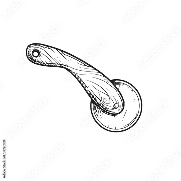 Obraz Hand drawn sketch style pizza cutter. A Pizza wheel knife with wooden handle. Vintage kitchen utensil. Best for pizza restaurant and delivery menu. Vector illustration.