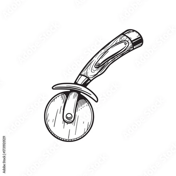 Obraz Hand drawn sketch style pizza cutter. A Pizza wheel knife with wooden handle. Vintage kitchen utensil. Best for pizza restaurant and delivery menu. Vector illustration.
