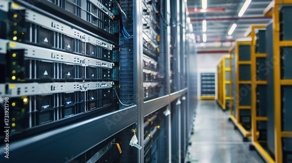 Fototapeta Storage battery with a robust plastic or metallic case, positive and negative terminals, and labeled capacity indicators, used for backup power in homes, factories, or electronic devices, placed on a 