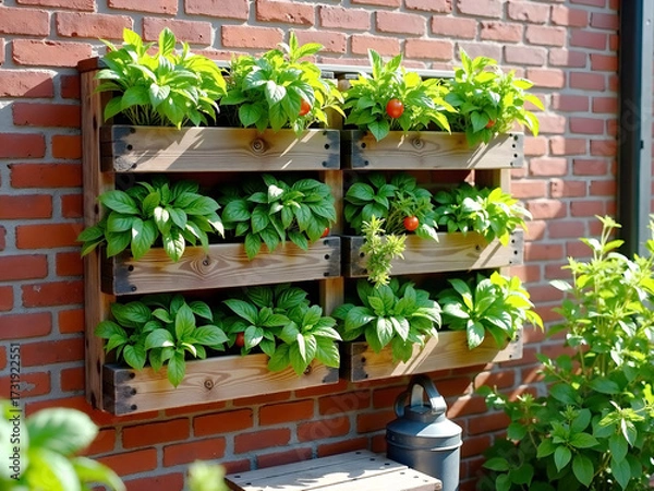 Obraz Urban Eco Brooklyn Series: Community Herb Garden in Recycled Pallet with Cherry Tomatoes