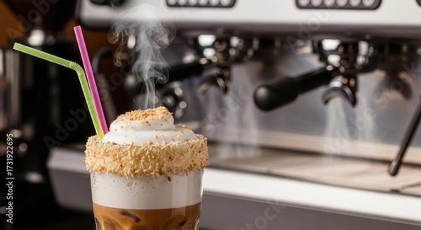 Fototapeta Iced coffee indulgence with decadent toppings and frothy whipped cream