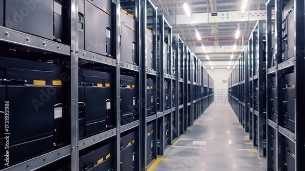 Fototapeta Storage battery with a robust plastic or metallic case, positive and negative terminals, and labeled capacity indicators, used for backup power in homes, factories, or electronic devices, placed on a 