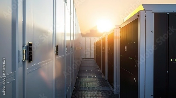 Fototapeta Storage battery with a robust plastic or metallic case, positive and negative terminals, and labeled capacity indicators, used for backup power in homes, factories, or electronic devices, placed on a 