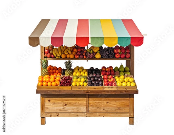 Fototapeta Colorful wooden fruit stand with a striped awning.  Fresh produce overflowing from multiple wooden bins