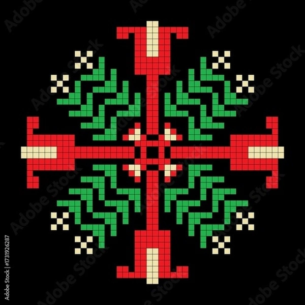 Fototapeta Bellflowers, a symmetrical floral pattern in red, green, and black. The designs are suitable for weaving, cross-stitching, or knitting.