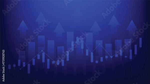 Fototapeta stock market candlesticks and bar chart with arrow up on blue background. finance and business growth