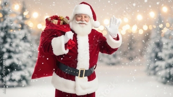 Fototapeta Cheerful Santa Claus Carrying Gifts in a Snowy Winter Wonderland