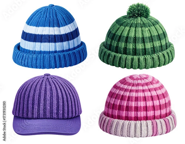 Fototapeta Four knitted winter hats in assorted colors and patterns