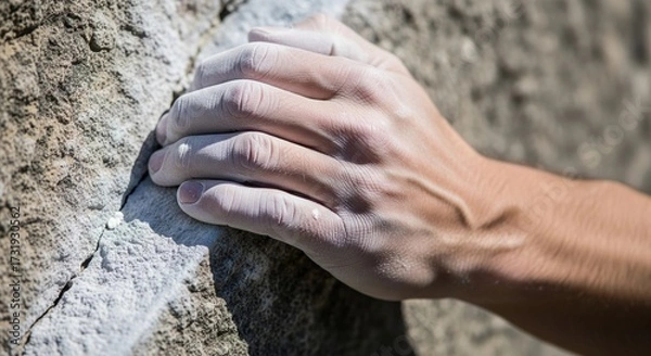 Fototapeta Close-Up of Climbers Hand Gripping Rock for Outdoor Adventure