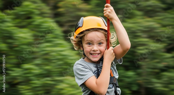 Fototapeta Happy Child Enjoying Thrilling Zip Line Adventure in Nature Scene