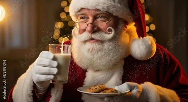 Fototapeta Santa Claus Holding Milk and Cookies with Holiday Decorations Around