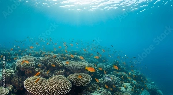 Fototapeta Underwater coral reef teeming with colorful fish in a tropical ocean