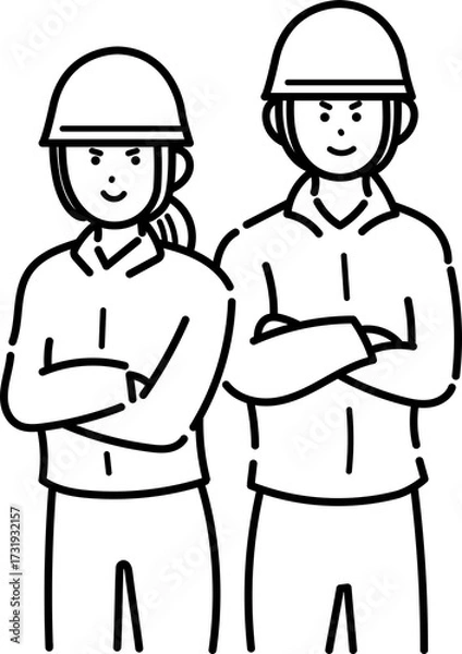 Obraz 若い土木作業員の男性と女性がキリリとした表情のイラスト　線画のみ