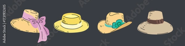 Obraz Beach straw summer women hats set. Modern flat design headwear collection. Vector illustrations.