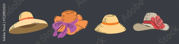 Obraz Beach straw summer women hats set. Modern flat design headwear collection. Vector illustrations.