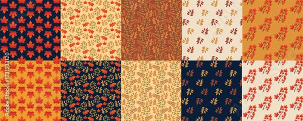 Fototapeta Print collection of Autumn seamless pattern set fall foliage with leaves seasonal themed background  wrapping paper, textiles, fabric, card, backgrounds, seasonal products, stroy, 
