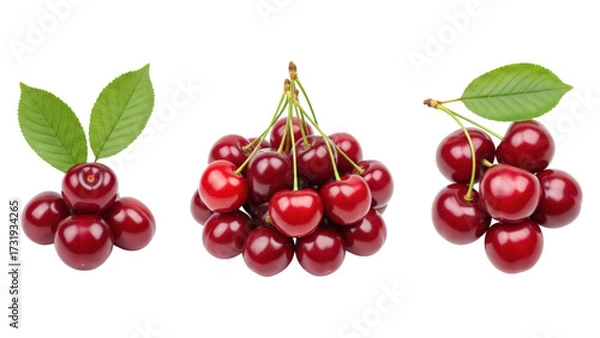 Fototapeta Three bunches of ripe red cherries with green leaves isolated on black