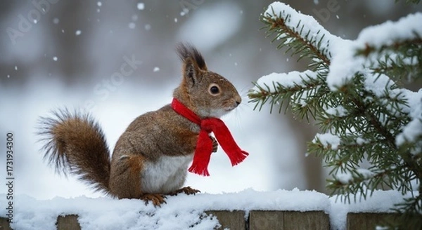 Fototapeta Squirrel wearing red scarf in snowy forest with pine branches
