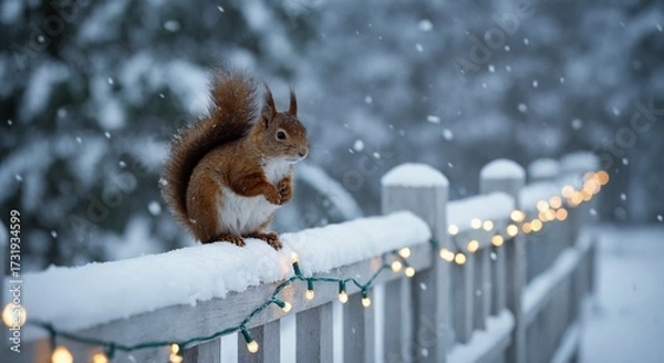 Fototapeta Squirrel on snowy fence with Christmas lights in winter snowfall