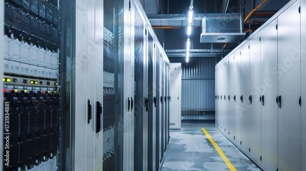 Fototapeta Storage battery with a robust plastic or metallic case, positive and negative terminals, and labeled capacity indicators, used for backup power in homes, factories, or electronic devices, placed on a 