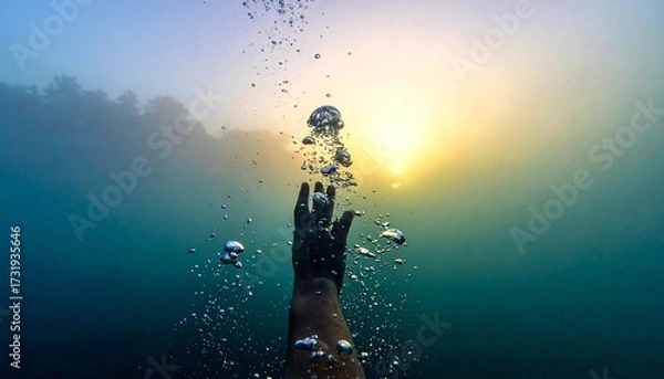 Obraz A Submerged Hand Reaches Aspiringly Towards a Radiant Sunlit Surface Amidst a Cascade of Rising Bubbles