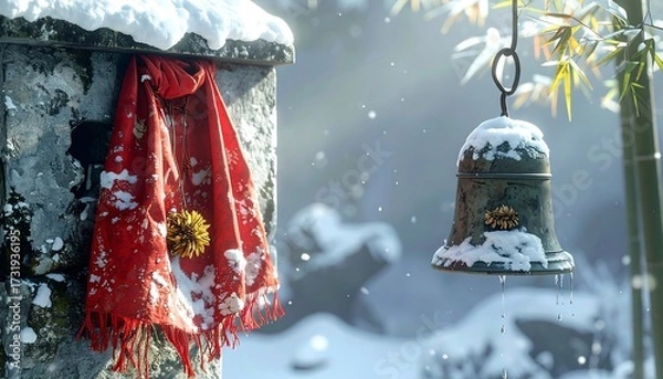 Obraz An Ancient Stone Pillar Covered in Snow, Draped with a Vibrant Red Fabric and a Snow-laden Hanging Bell