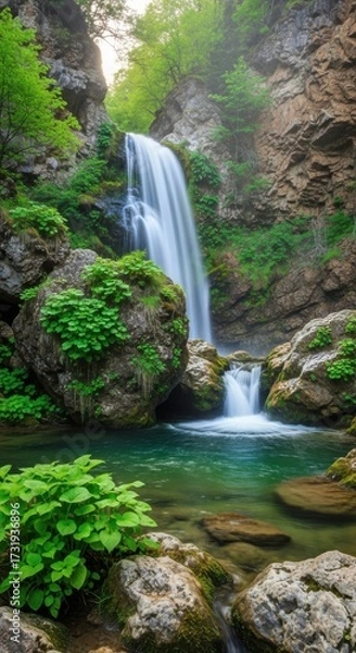 Fototapeta Majestic waterfall flows into a pristine turquoise pool, surrounded by lush greenery