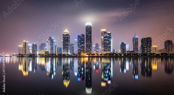 Fototapeta City skyline at night reflecting in water creating a serene urban scene