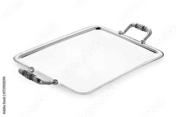 Obraz Elegant Rectangular Silver Serving Tray with Ornate Handles on White Background