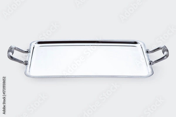 Obraz Elegant Rectangular Silver Serving Tray with Ornate Handles on White Background