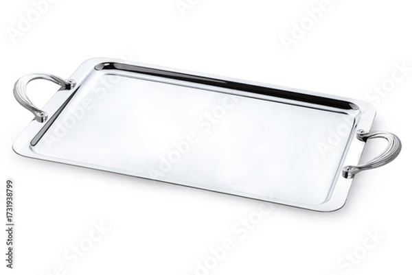 Obraz Elegant Rectangular Silver Serving Tray with Ornate Handles on White Background