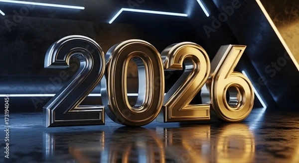 Obraz The year 2026 rendered in bold, metallic gold and silver 3D numbers on a reflective surface with neon lights.