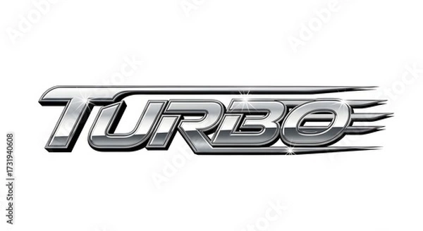 Obraz A metallic silver emblem with the word "TURBO" written in a stylized font, suggesting speed and power.
