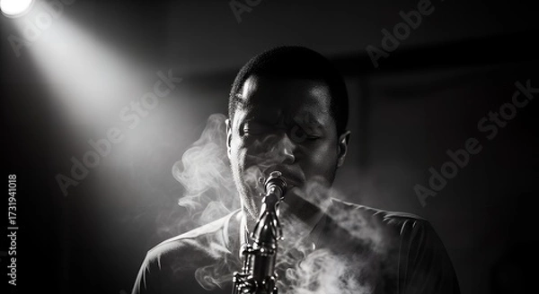 Fototapeta Musician playing saxophone with smoke in a dark and moody atmosphere