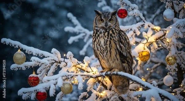 Fototapeta Owl on snowy tree branch with Christmas ornaments and glowing lights