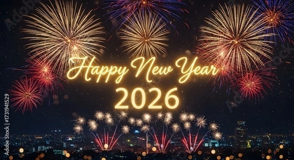 Fototapeta Golden Happy New Year 2026 greeting with confetti and bokeh lights on a dark background.