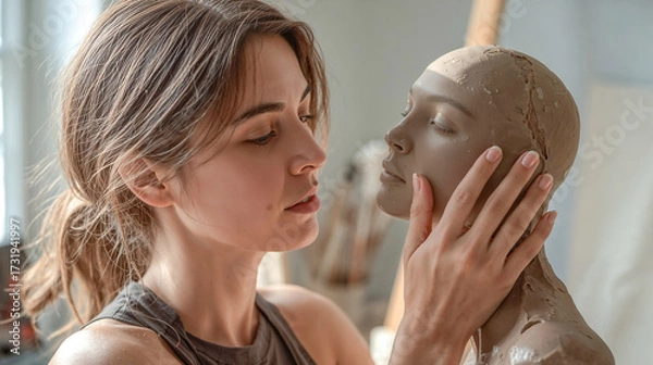 Fototapeta Woman artist sculpting a clay bust in her studio