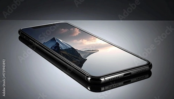 Fototapeta Smartphone Displaying a Mountain Landscape with Sunset Sky on a Reflective Surface with Dark Gray Background