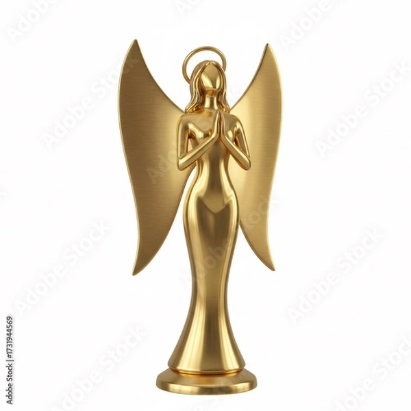 Fototapeta A golden angel statuette with a halo and spread wings,