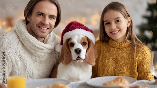 Fototapeta Cheerful family with a dog and looking at camera having christmas dinner at home